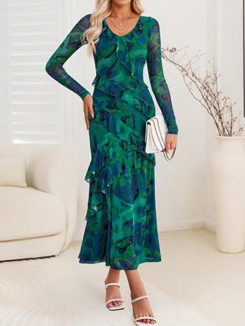 Wedding Guest Dresses for Women Fall Long Sleeve Floral Maxi Dress